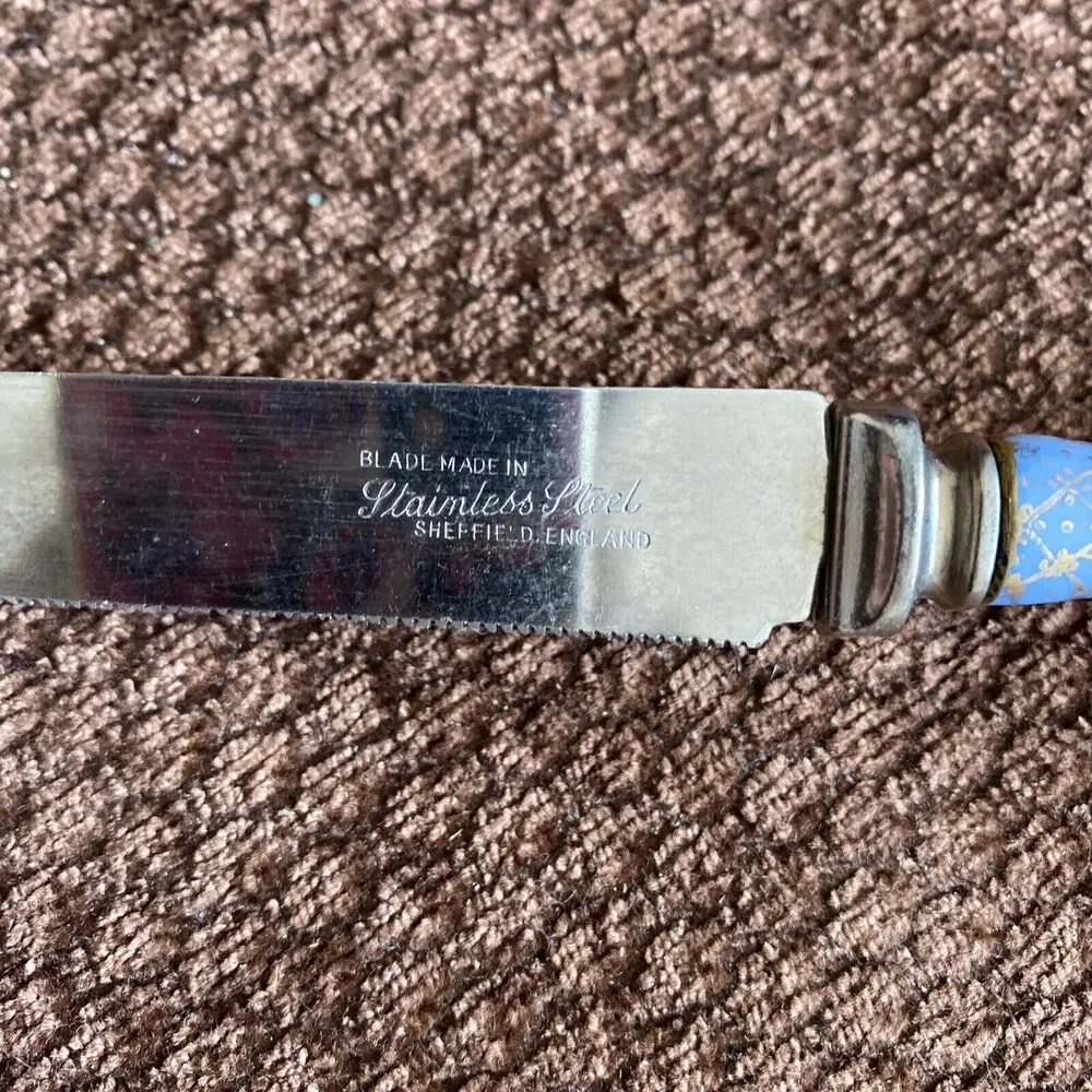 Sheffield England Hand Painted Floraine Porcelain Handle Cheese Knife Gold Blue